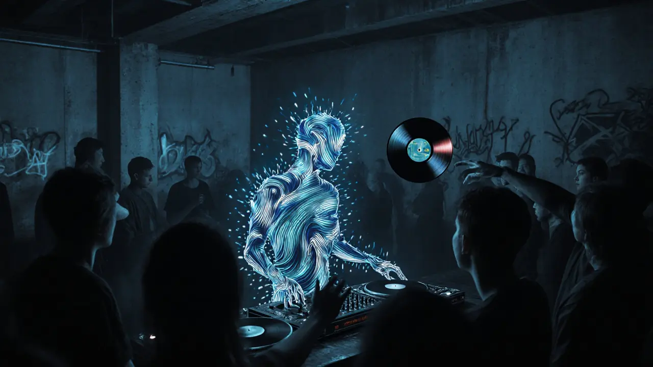 A person dissolving into sound waves at an underground techno party, surrounded by silent figures.