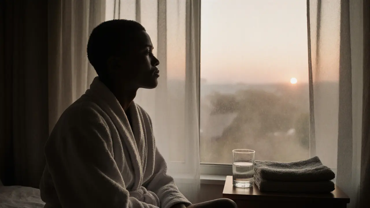 A person sitting peacefully after a massage, wrapped in a robe, gazing out a window at soft morning light.