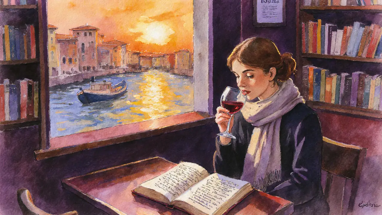 A quiet bookshop and wine bar at sunset, with someone reading beside a canal.