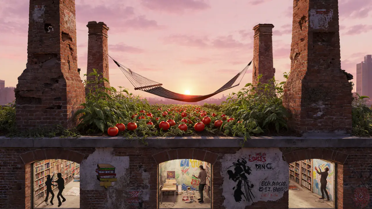 A rooftop garden with tomatoes and a hammock above a bustling warehouse interior, bathed in soft morning light.