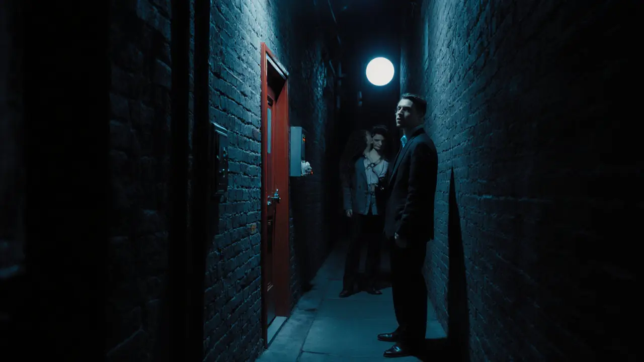 A secluded red door in a quiet alley, hinting at an exclusive underground venue at night.