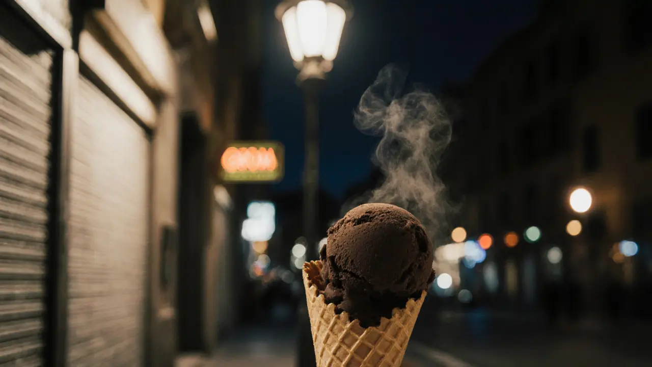 A single scoop of dark chocolate gelato under a streetlamp at 2 a.m., quiet and serene.