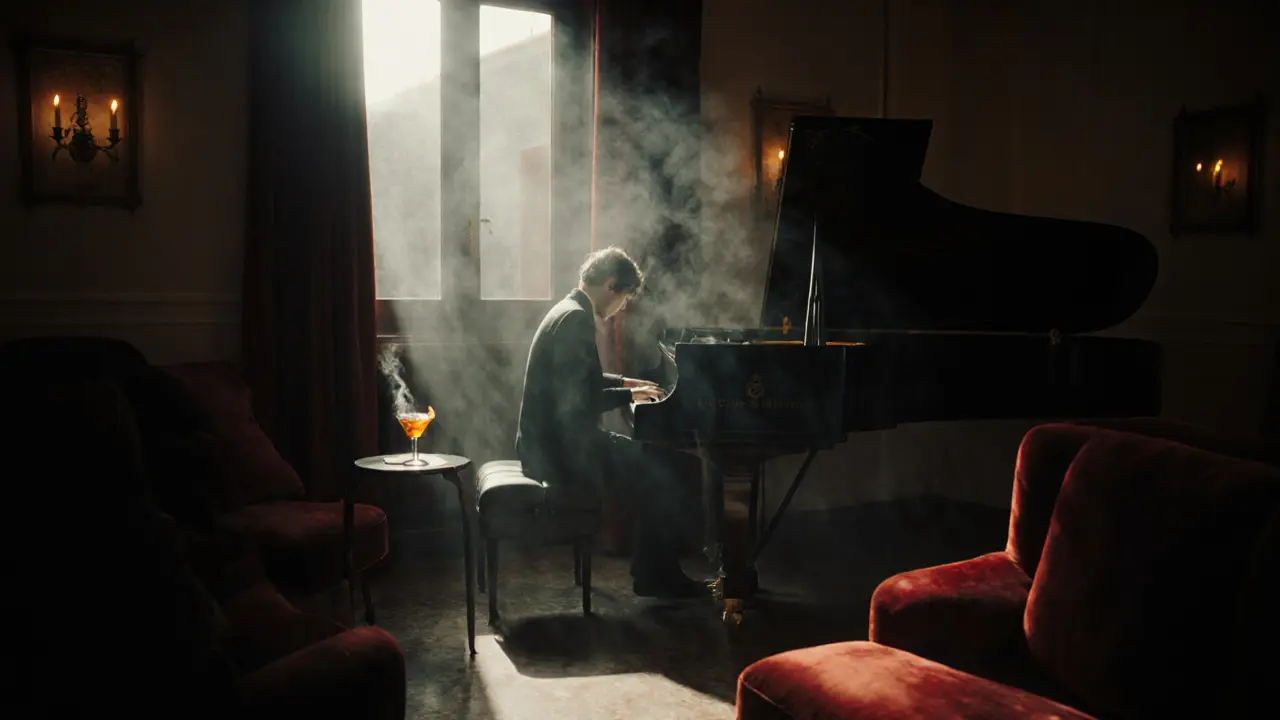A solitary figure plays piano in a velvet-lined back room, candlelight casting soft shadows.