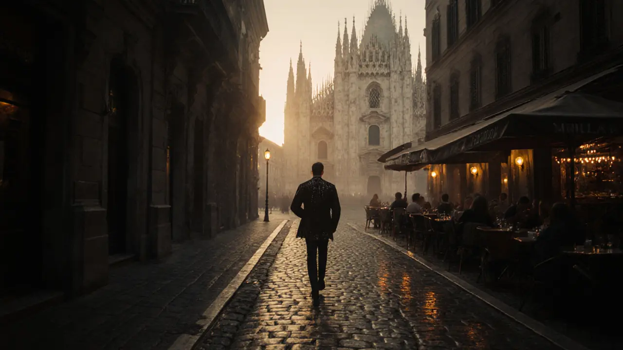 A solitary figure walking away from a nightclub at dawn near Milan&#039;s Duomo.