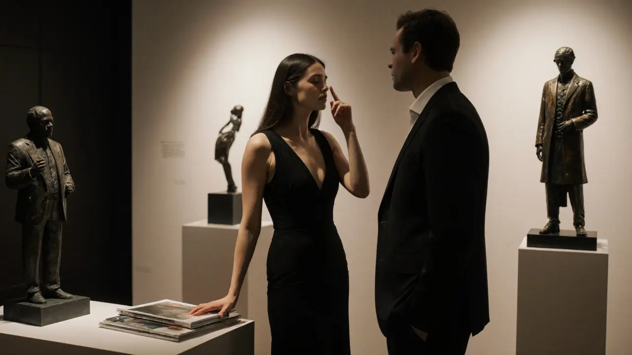 A sophisticated woman conversing with a man in a private art gallery, surrounded by sculptures.