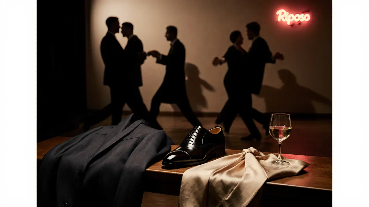 A tailored blazer and patent leather shoes rest on a coat check bench, symbolizing Milan&#039;s refined nightlife culture.