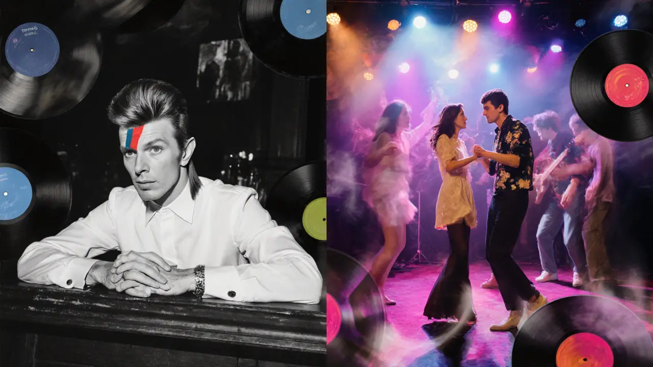 A timeless split-image of Bowie in the 70s and a modern couple dancing at Bobino, blended by swirling vinyl records and fading lights.