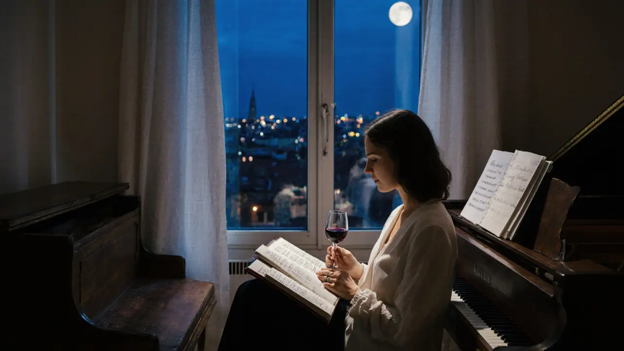 A woman reading quietly in a Brera apartment by moonlight, wine glass and sketchbook nearby.