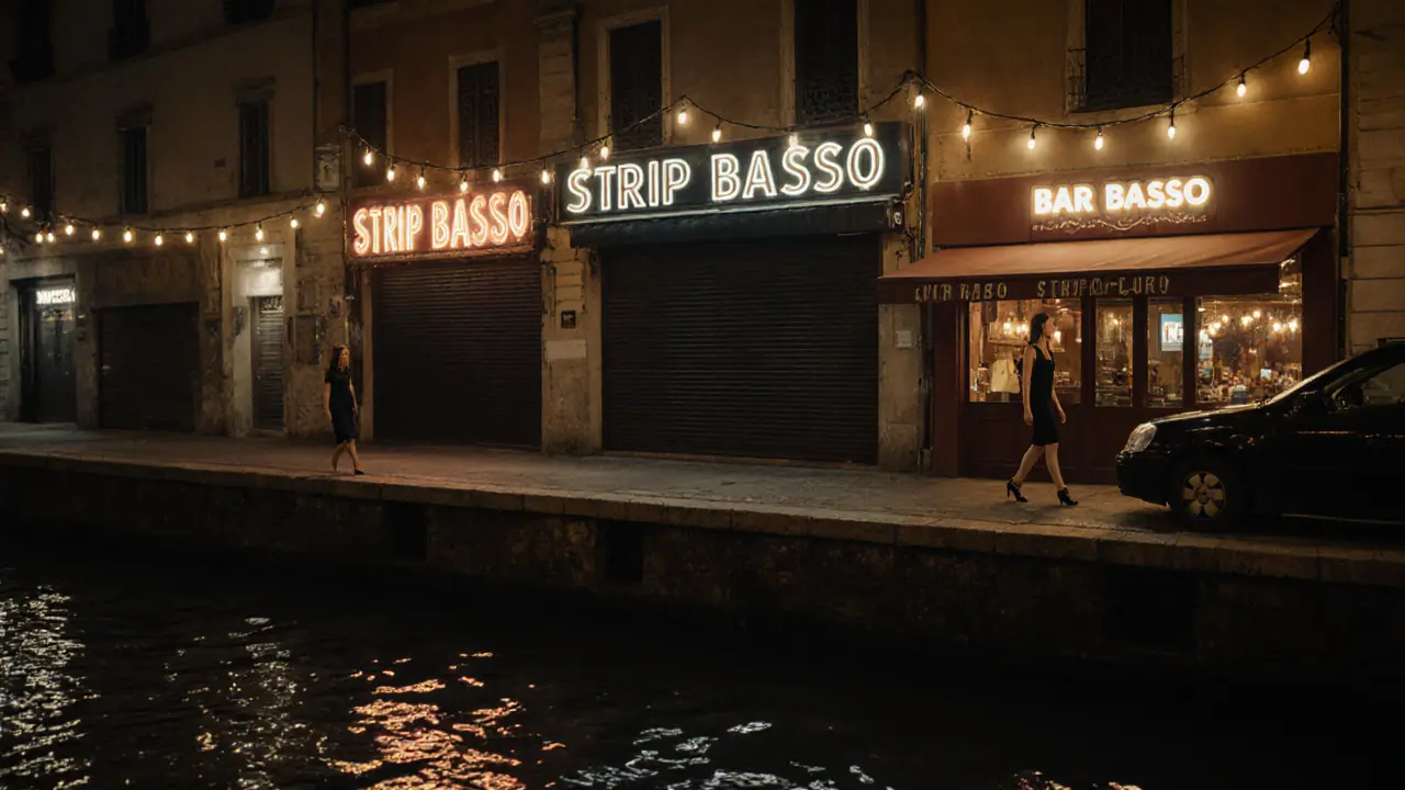 A woman walking along Milan’s Navigli canal after midnight, strip club signage behind her, city lights glowing softly on the water.