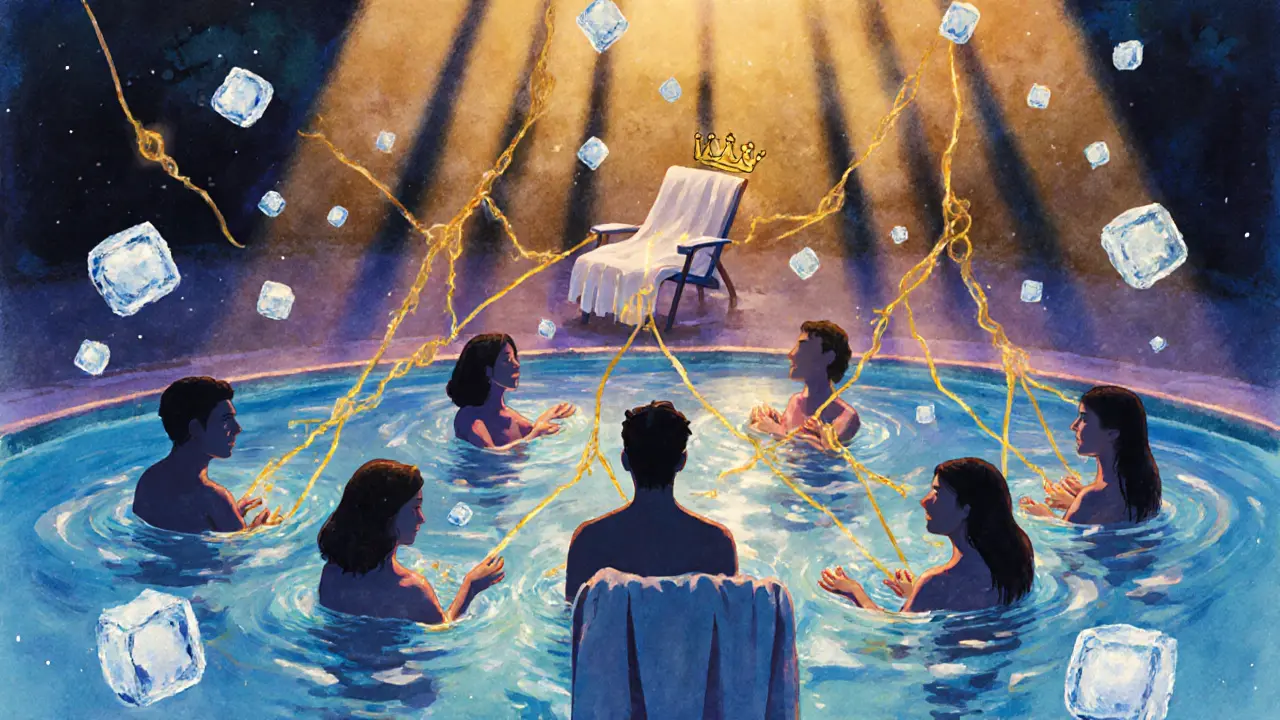 Abstract silhouettes connected by golden threads in a shimmering pool at sunset.