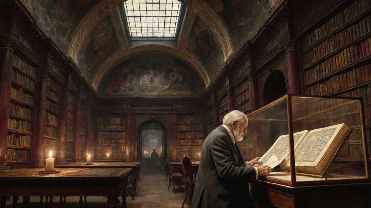An ancient library with frescoed ceilings and scholars reading by candlelight.