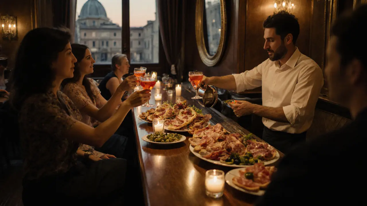 Aperitivo at Bar Basso with guests enjoying drinks and food under warm lighting in a classic Milanese bar.