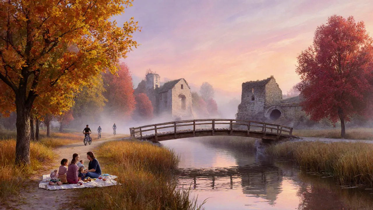 Autumn riverside trail with golden trees, wooden bridges, and mist over the water.