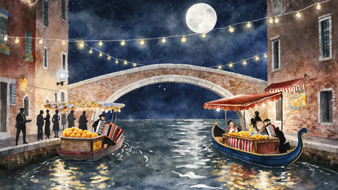 Canal side at night with string lights, food stalls, and a musician playing accordion beside floating bars.