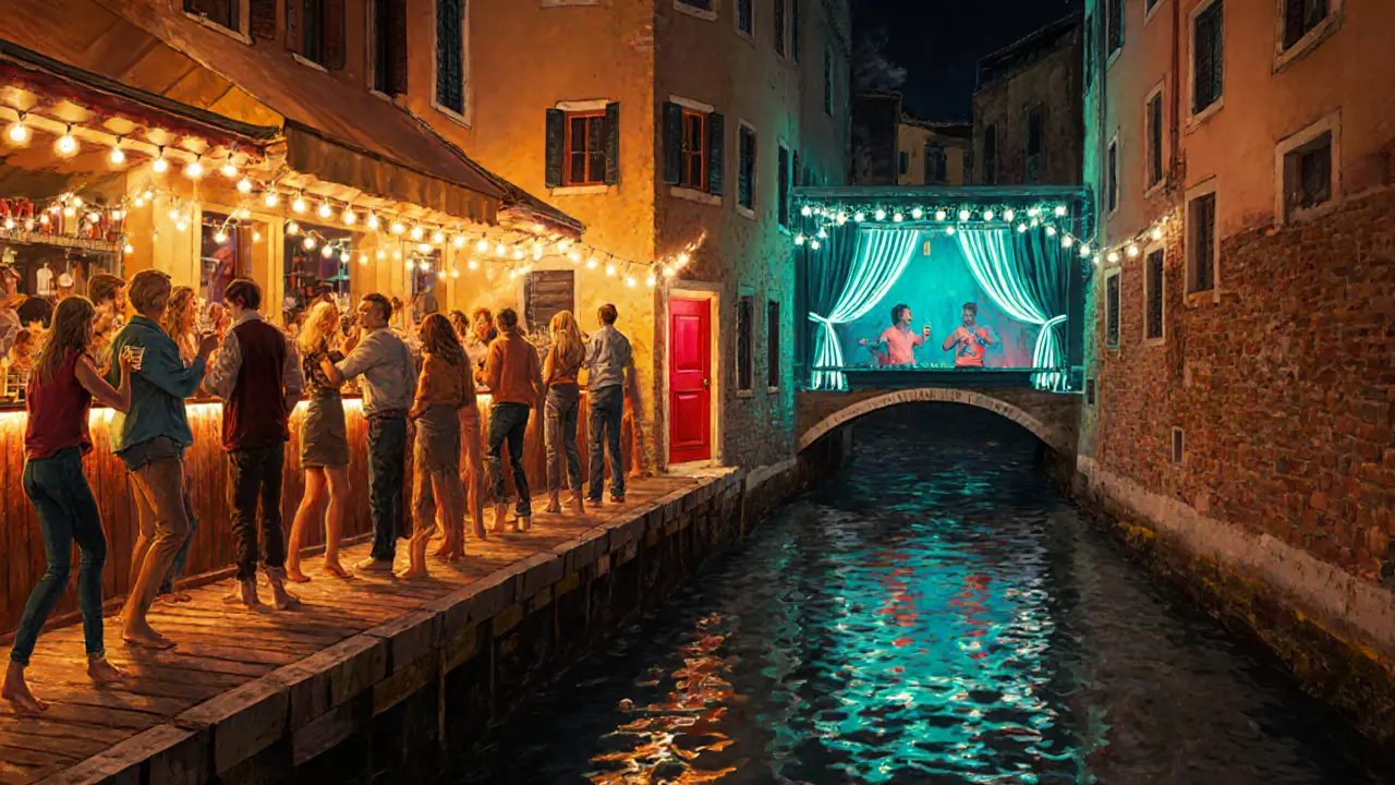 Canal-side bars in Navigli with dancers on wooden decks under neon lights, a red door hinting at a secret club.