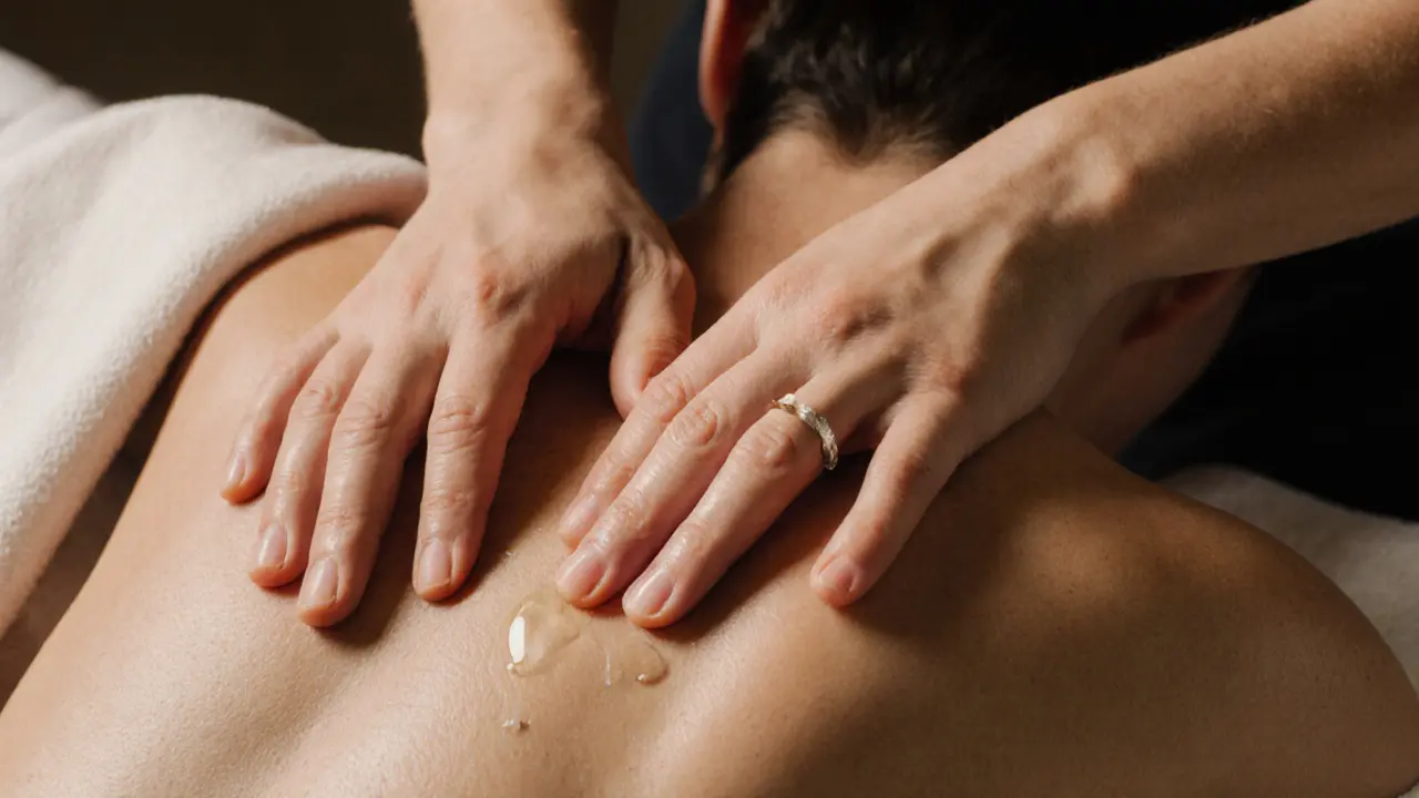 Close-up of therapist&#039;s hands applying deep pressure to tense muscle tissue on a back, with oil glistening under warm light.