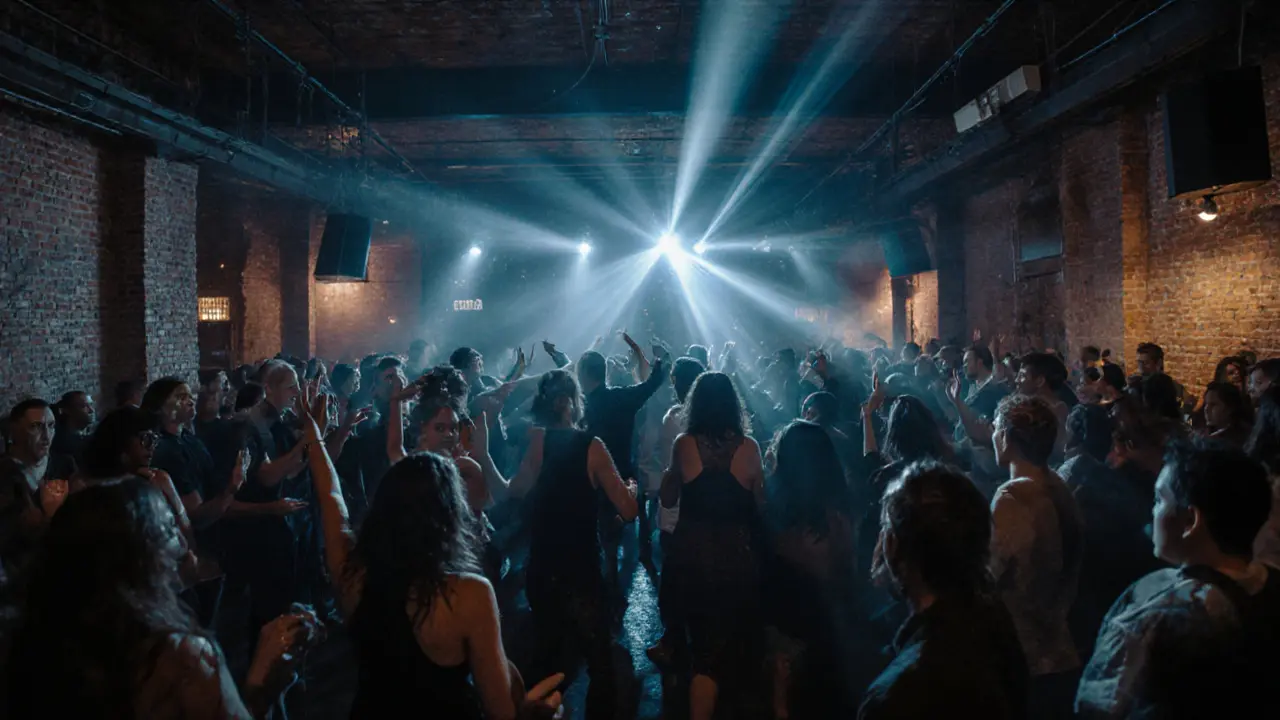 Crowd dancing in an industrial warehouse club with geometric lights and deep techno beats at midnight.