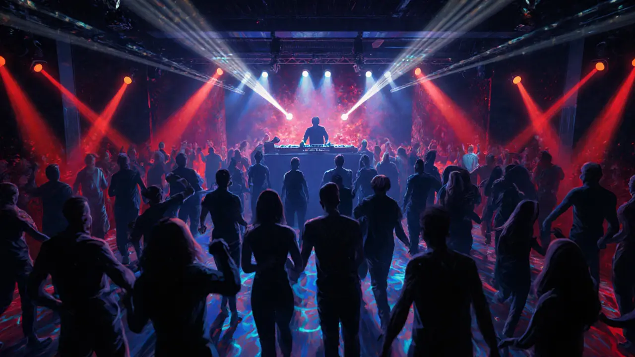Dancers moving under pulsing strobe lights on a crowded nightclub floor.