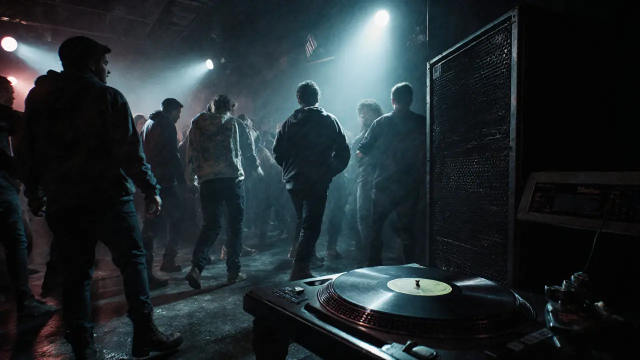 Dark underground club with a vibrant crowd dancing under strobing lights, sound system vibrating the floor.