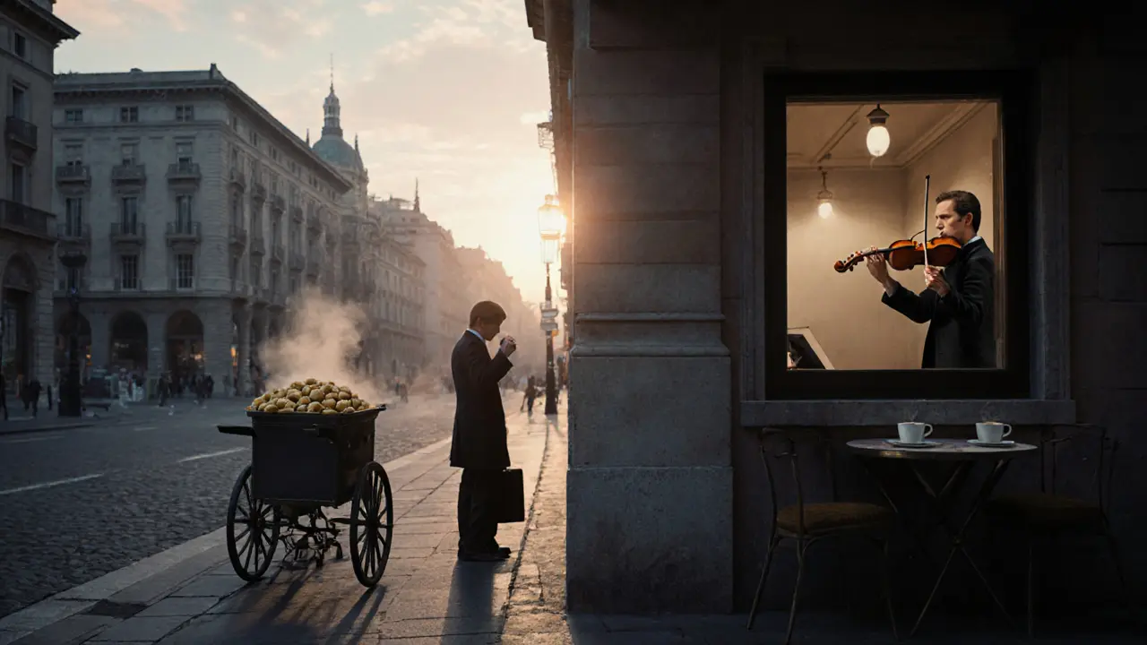 Dawn in Milan: a traveler eats street food as morning light rises, violin music drifting from an open window.