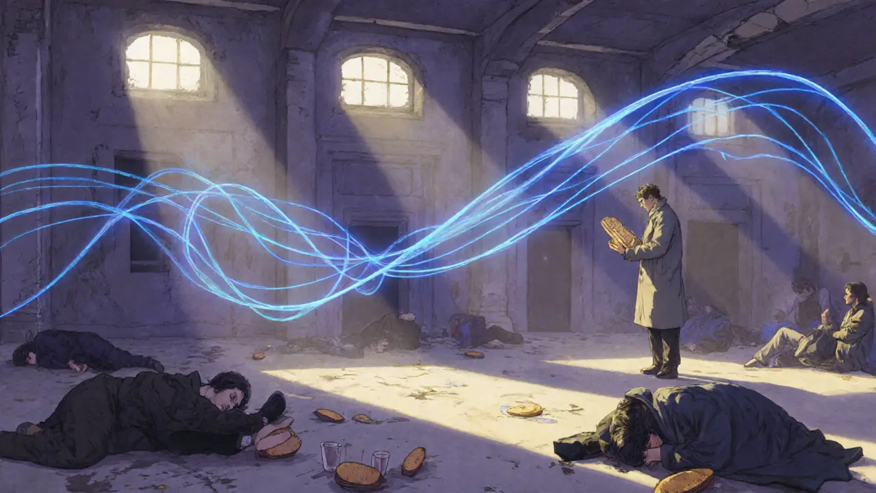 Dawn light streaming into an empty warehouse after a night of music, people sleeping on the floor.