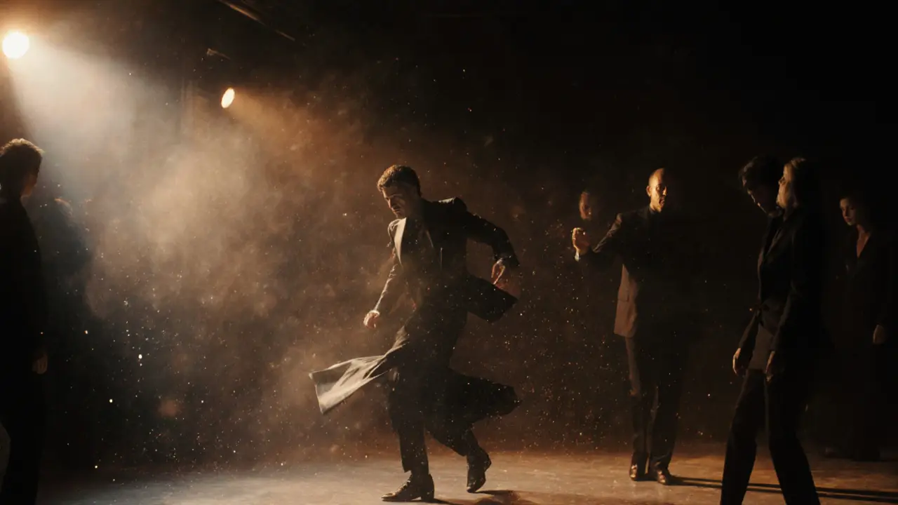 Dimly lit dance floor with stylish patrons moving under shifting lights, evoking exclusivity and atmosphere.