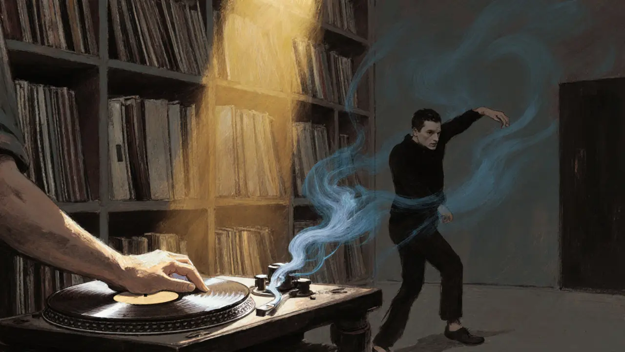 DJ placing a vinyl record on a turntable surrounded by shelves of LPs in warm, moody light.