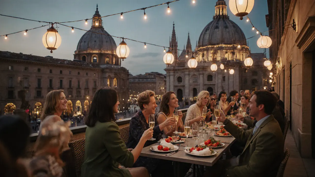 Dusk view of Terrazza Danieli with cathedral spires and patrons enjoying sparkling wine.