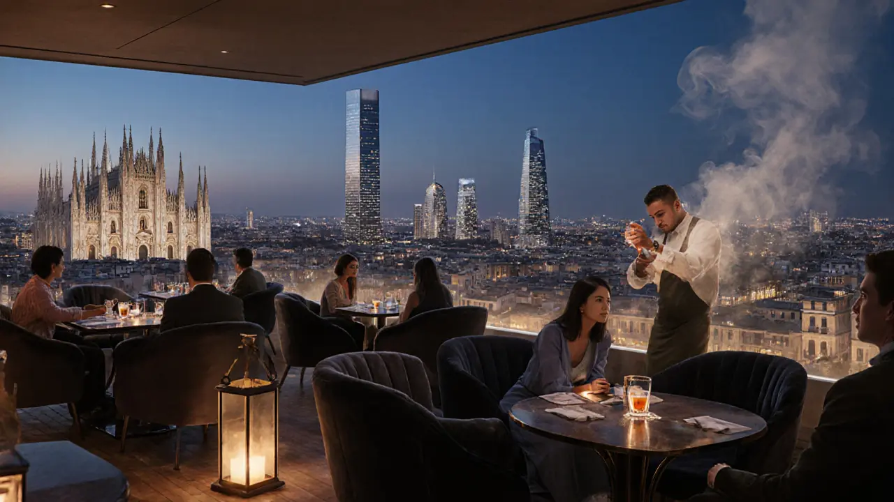 Elegant rooftop lounge offering panoramic view of Milan&#039;s skyline, guests relaxing in soft lighting.