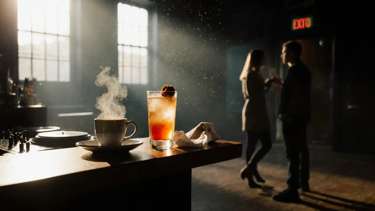 Empty dance floor at sunrise with a coffee cup and napkin on a wooden bar counter.