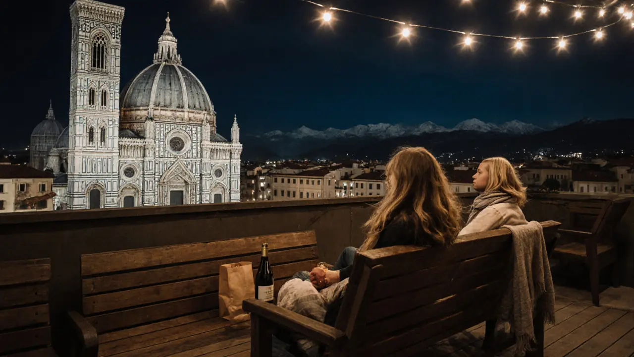 Free public rooftop terrace at midnight, locals enjoying quiet night with Duomo in background.