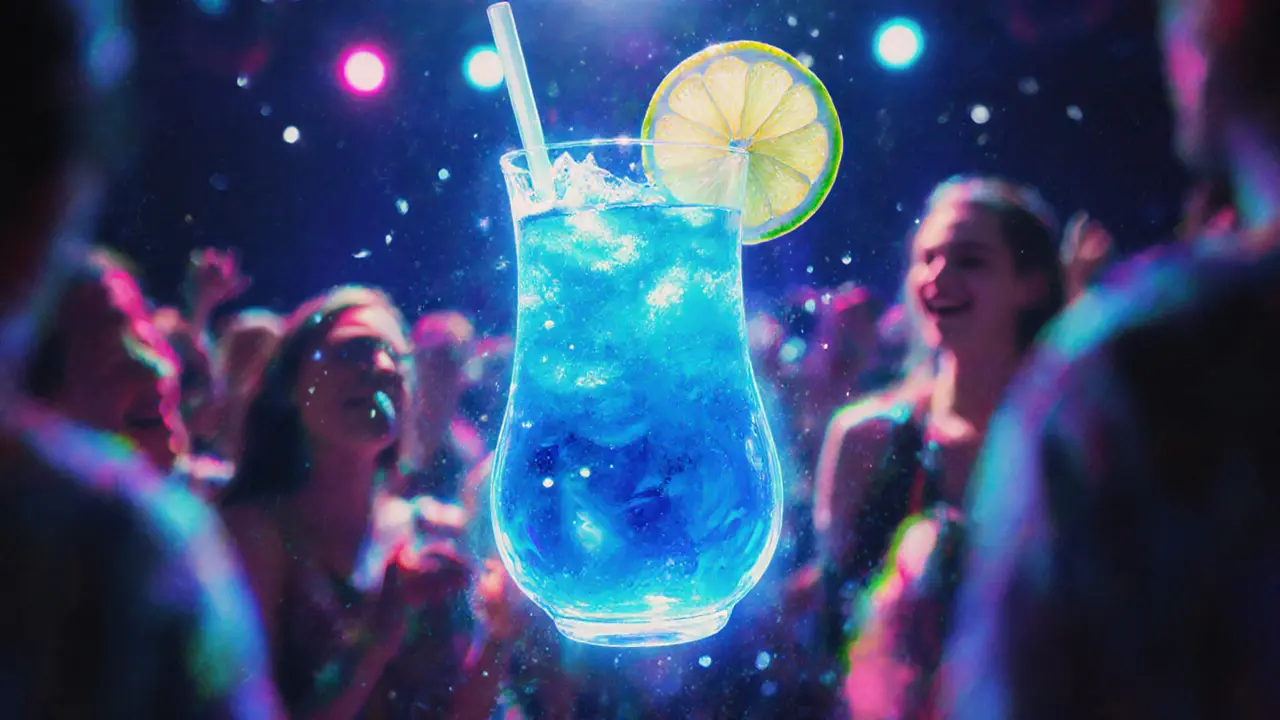 Glowing Blue Lagoon cocktail floating above a neon-lit dance floor.