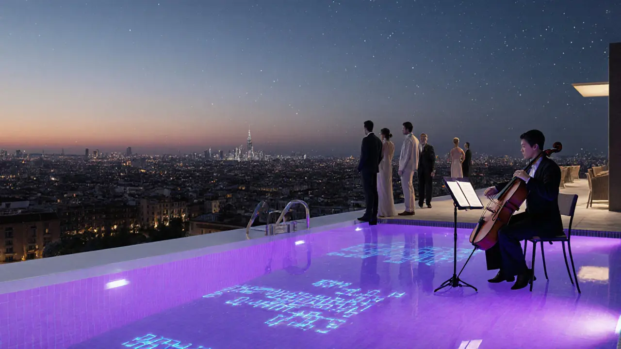 Glowing rooftop pool at twilight with submerged lights and a cellist playing, city lights fading into night sky.