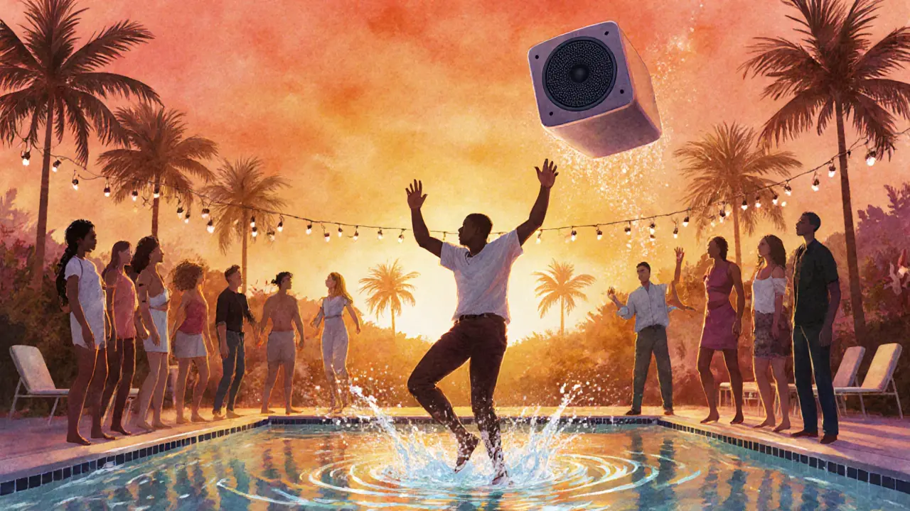 Golden hour pool party with guests swaying to music, warm tones, string lights glowing, water reflecting the sunset.