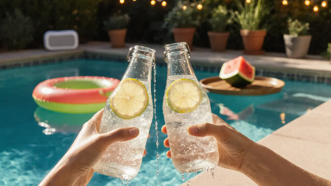Hands holding cold lemonade bottles with condensation and sunlight glinting off droplets.