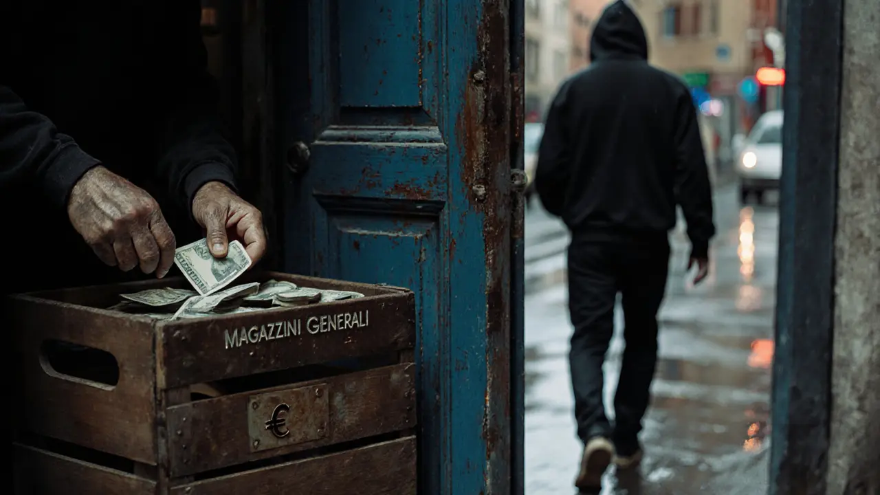 Hands placing cash on a crate at the entrance of an unmarked warehouse, faded blue door behind, phone turned off.