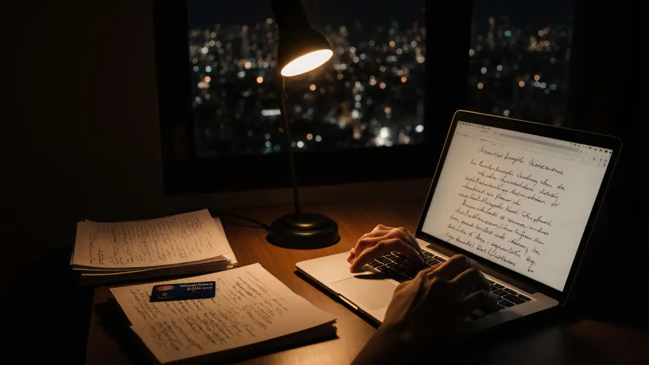 Hands typing at night in Medellín apartment with legal documents and journal under soft lamp light.
