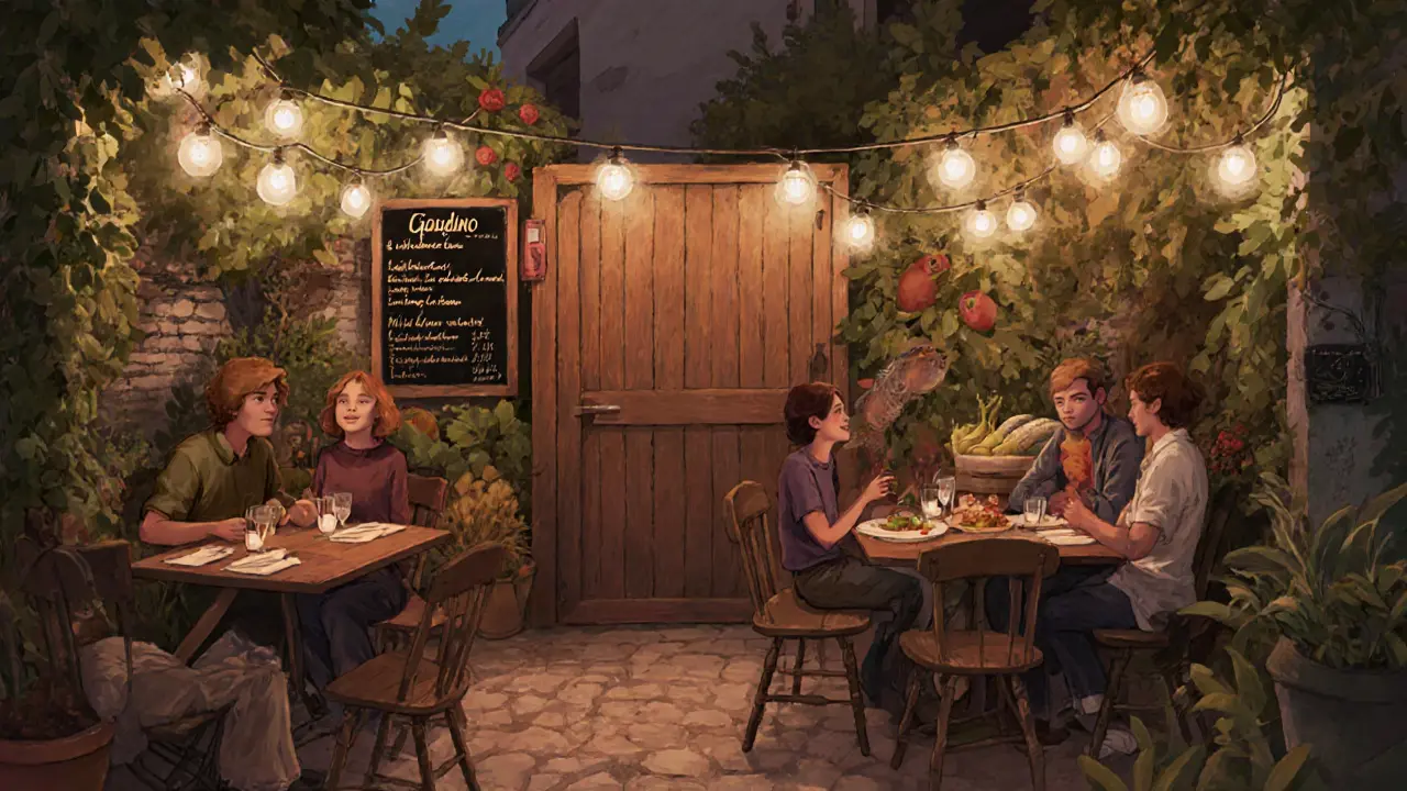 Hidden backyard restaurant with fairy lights and shared meals in Brera district.