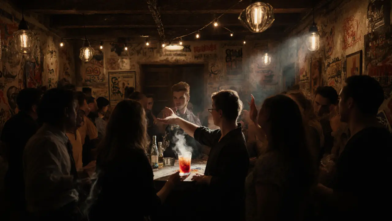 Hidden basement club in Porta Venezia with diverse crowd dancing to eclectic music, no signs, intimate dim lighting.