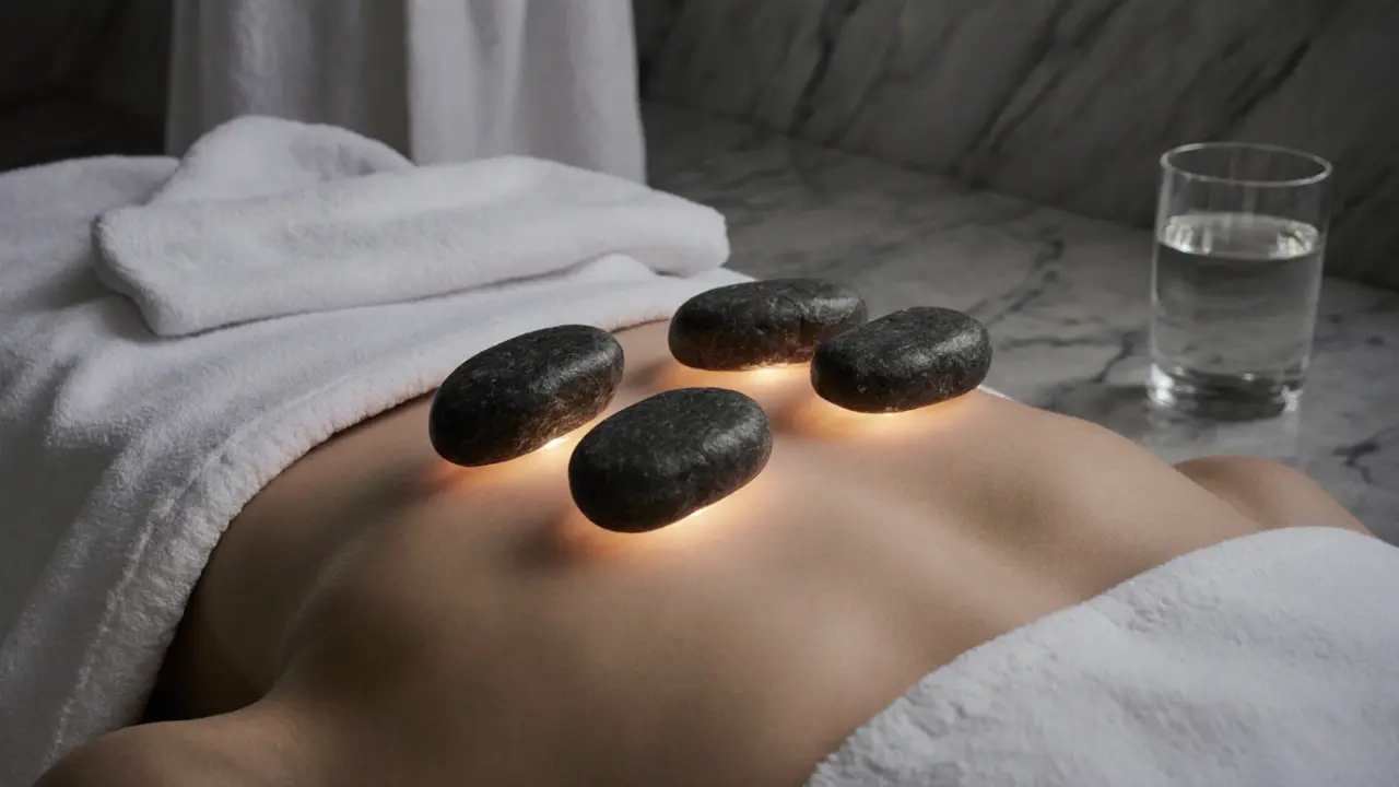 Hot stone therapy with precisely heated basalt stones on a client&#039;s back.