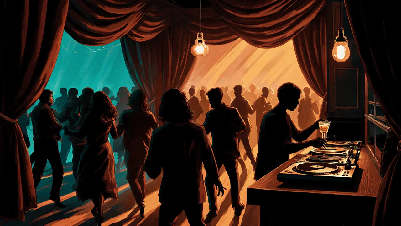 Inside Bobino Milano, dancers move in dim, velvet-lined space under warm amber and cyan lights, no visible signage.