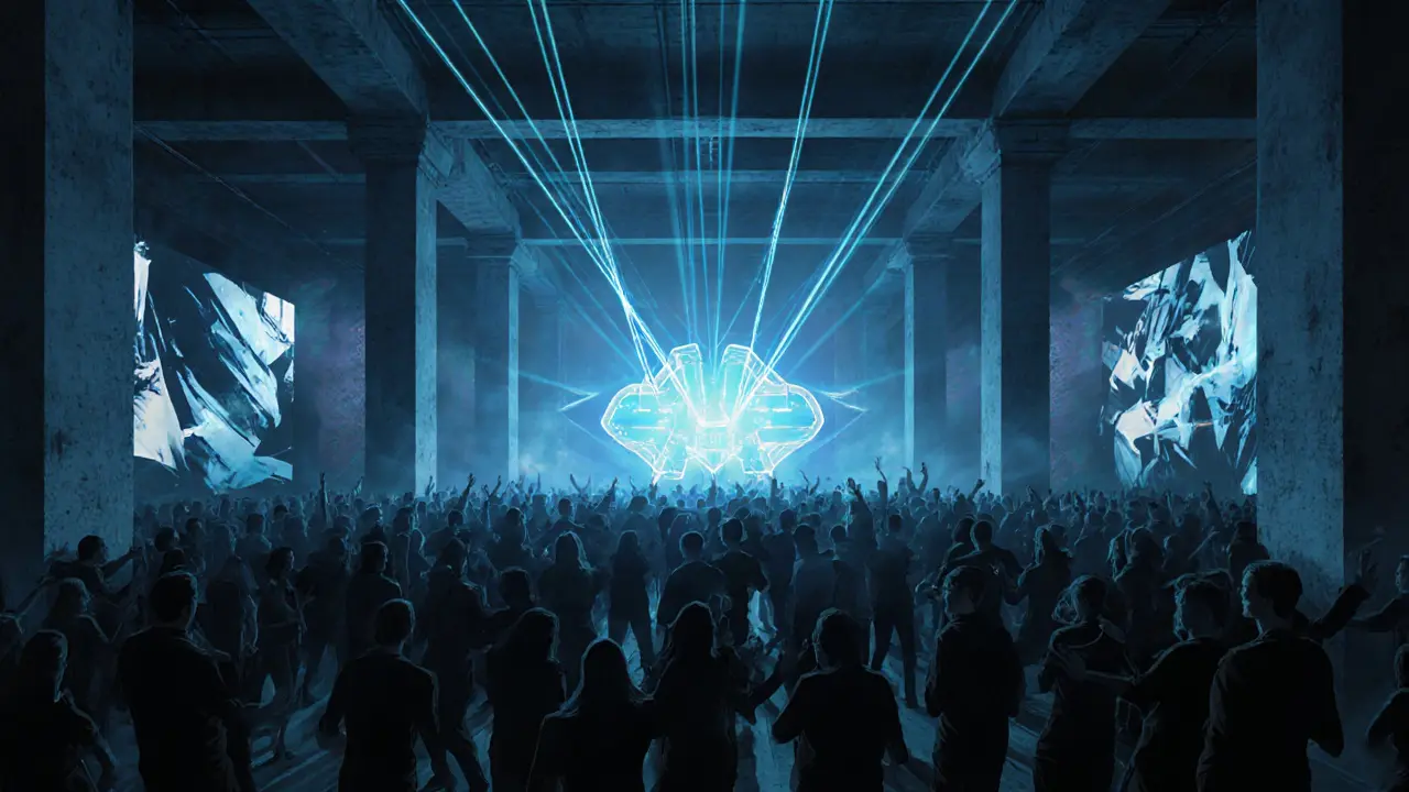 Interior of Magazzini Generali club with crowd dancing under laser lights and abstract projections in a vast industrial space.