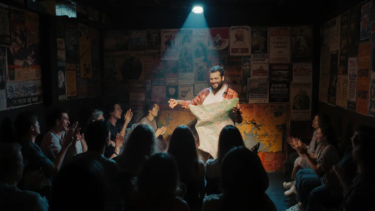 International comedian entertaining a cheering crowd in a small comedy club with vintage posters on the walls.