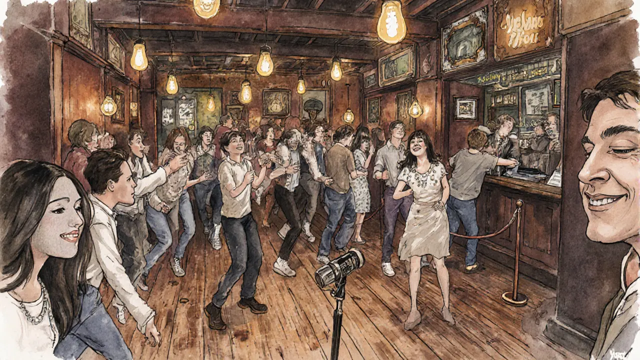 Intimate scene at Whelan’s with dancers smiling as music plays, vintage brick walls and warm lighting.