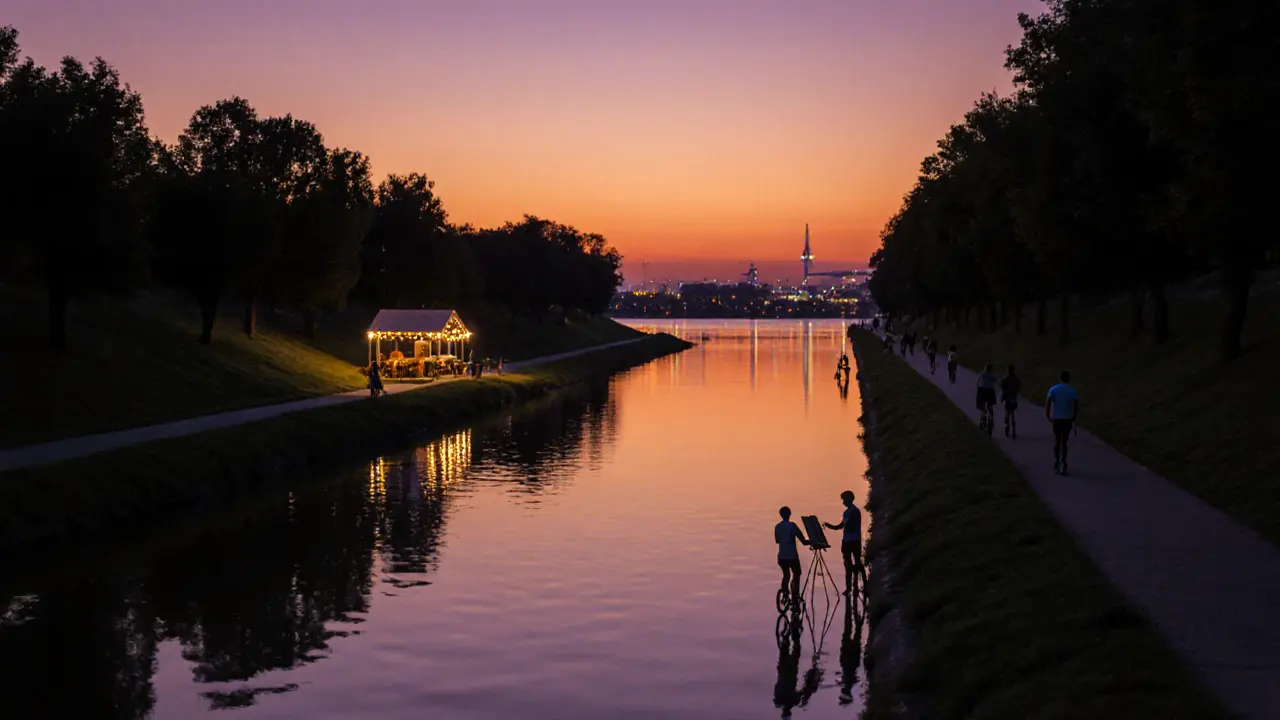 Long artificial lake at sunset with silhouettes of walkers and a glowing café.