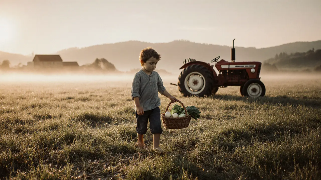 Man harvesting radicchio and eggs at dawn in a Lombardy field, mist rising, farmhouse in distance.