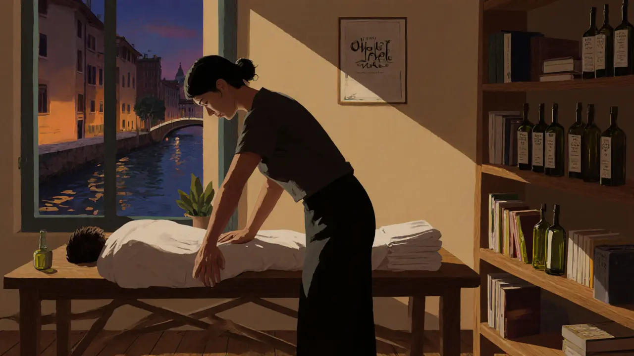 Massage therapist applying olive oil to a client&#039;s back in a simple, book-lined room in Navigli.