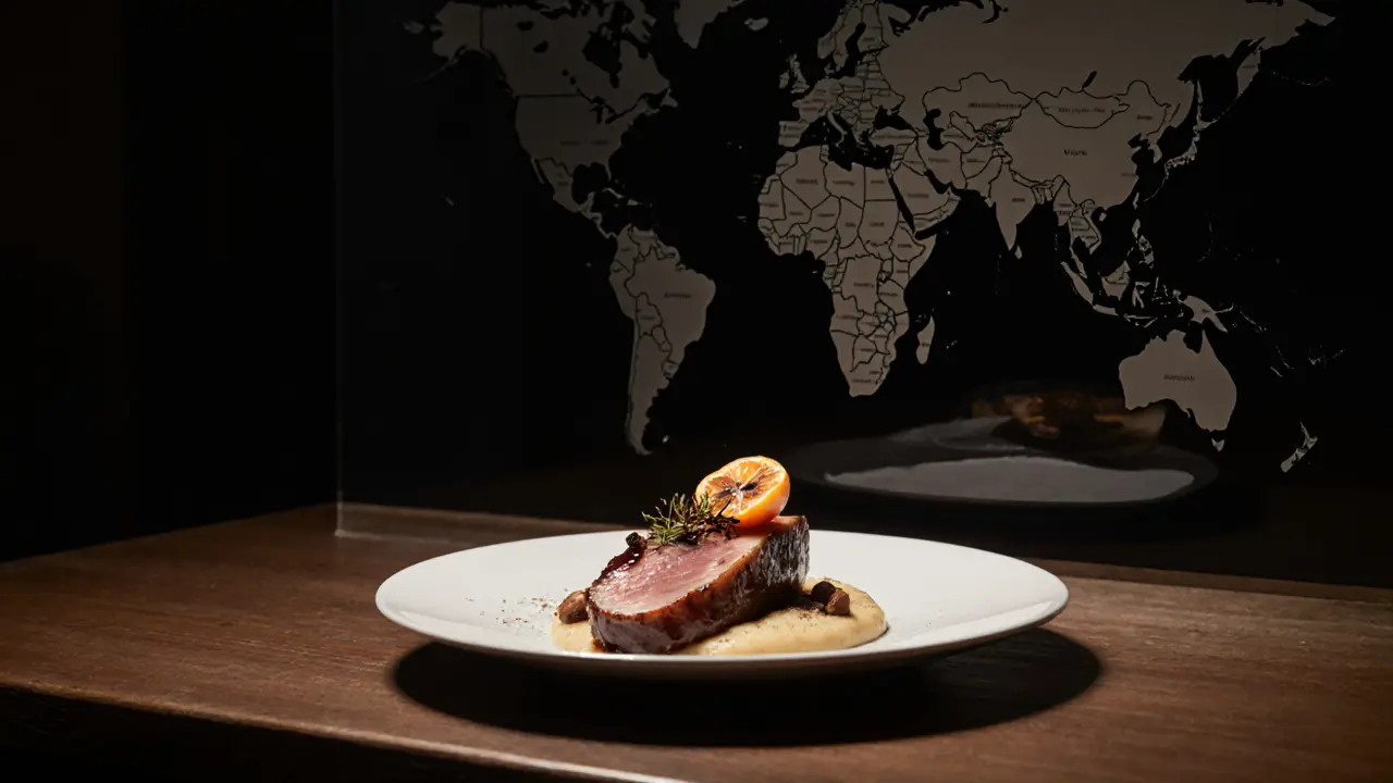 Miso-glazed duck breast with chestnut purée and dried persimmon garnish.