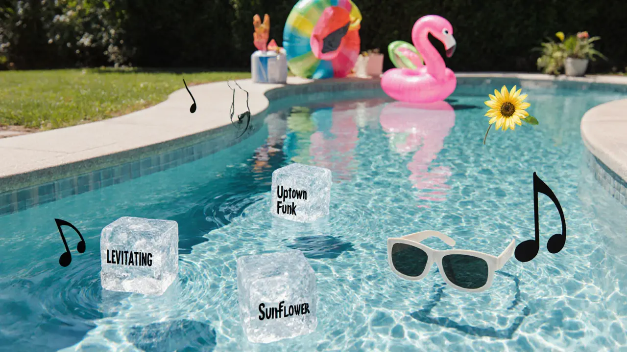 Musical notes flowing like water through a pool, carrying song titles past floating pool toys and ice cubes.
