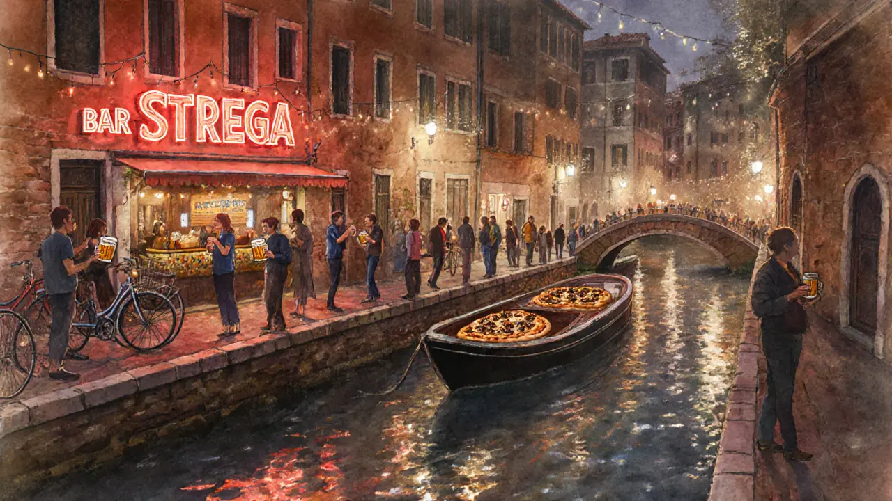 People enjoying pizza and craft beer along Navigli&#039;s glowing canal at midnight.